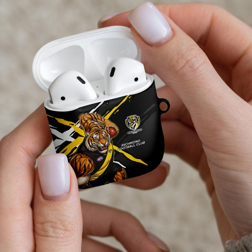 Richmond Football Club AirPods Case Tigers Muscular Mascot Graphic - Abstract Paint Splatter Art