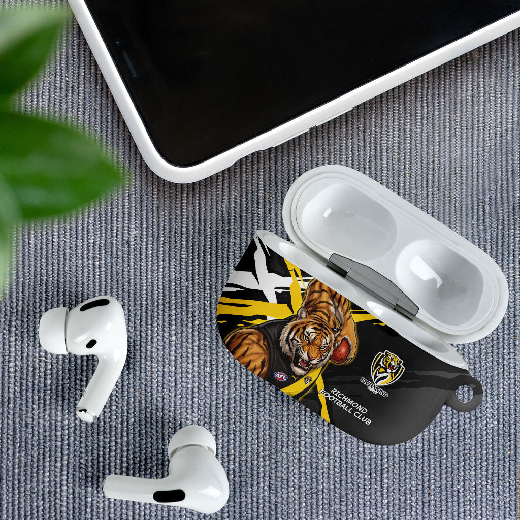 Richmond Football Club AirPods Case Tigers Muscular Mascot Graphic - Abstract Paint Splatter Art