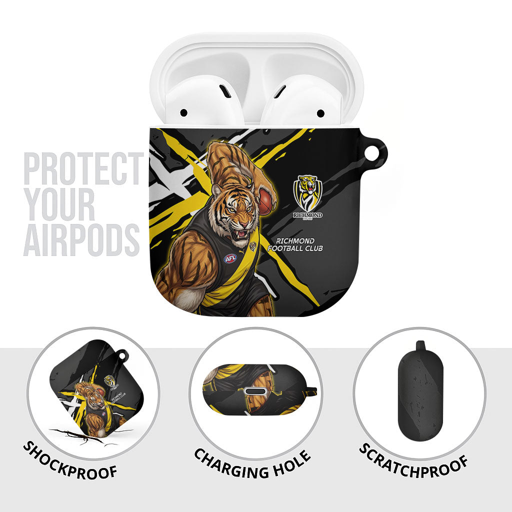 Richmond Football Club AirPods Case Tigers Muscular Mascot Graphic - Abstract Paint Splatter Art