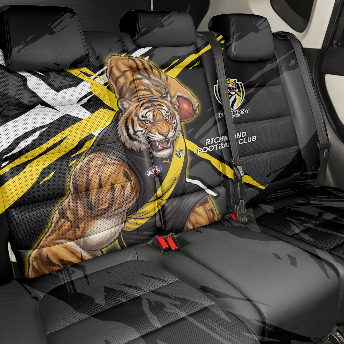 Richmond Football Club Back Car Seat Cover Tigers Muscular Mascot Graphic - Abstract Paint Splatter Art