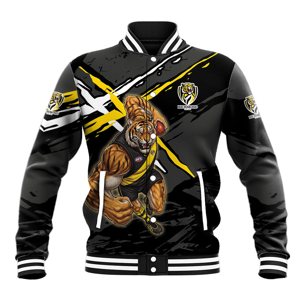 Richmond Football Club Baseball Jacket Tigers Muscular Mascot Graphic - Abstract Paint Splatter Art