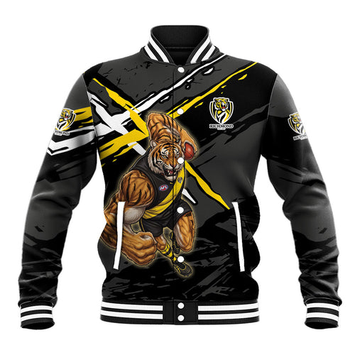 Richmond Football Club Baseball Jacket Tigers Muscular Mascot Graphic - Abstract Paint Splatter Art