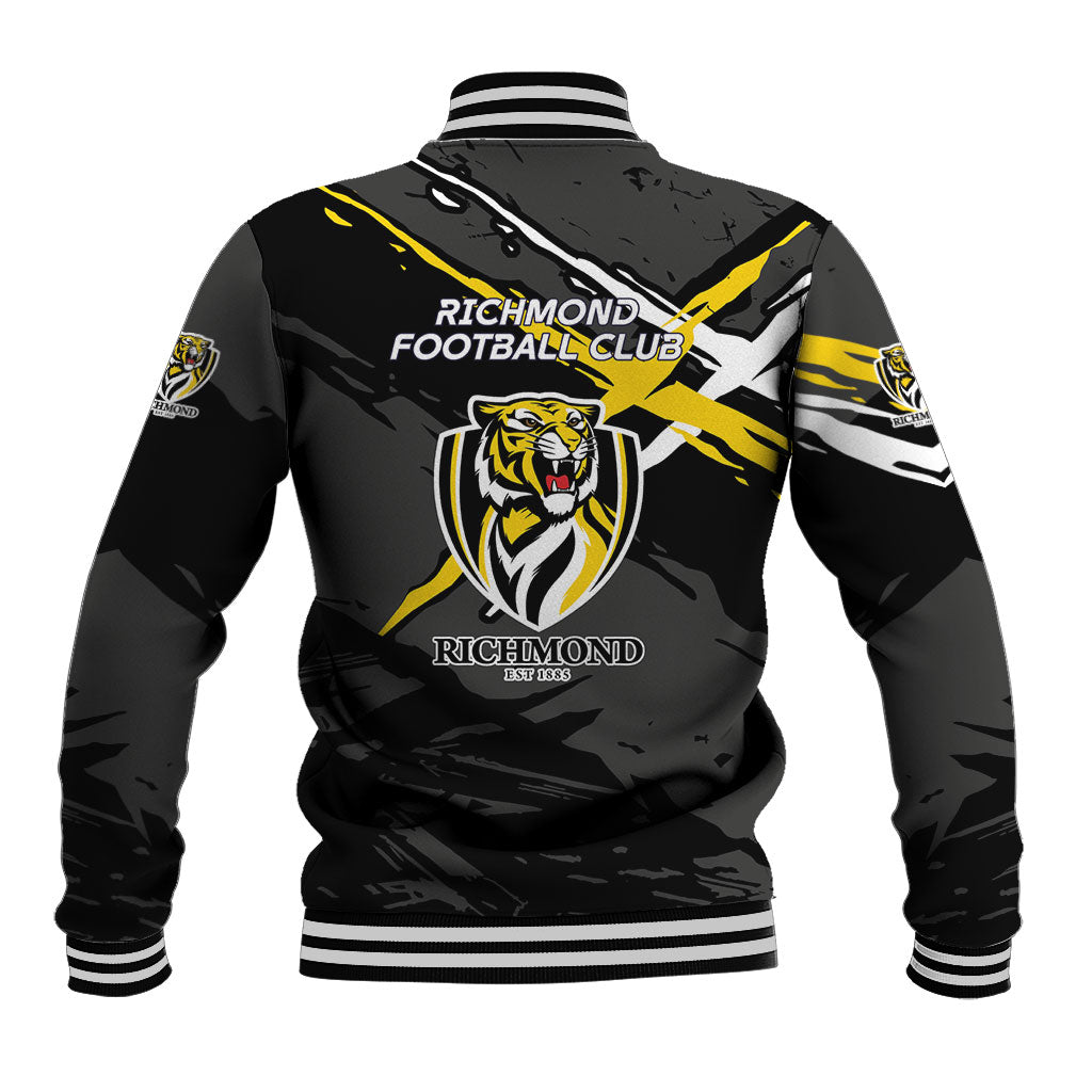 Richmond Football Club Baseball Jacket Tigers Muscular Mascot Graphic - Abstract Paint Splatter Art