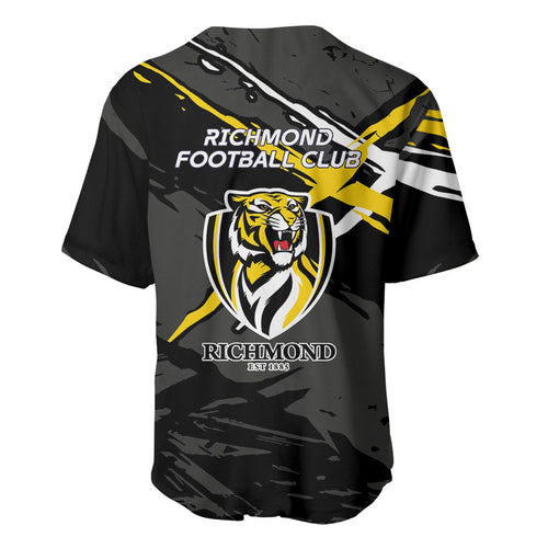 Richmond Football Club Baseball Jersey Tigers Muscular Mascot Graphic - Abstract Paint Splatter Art