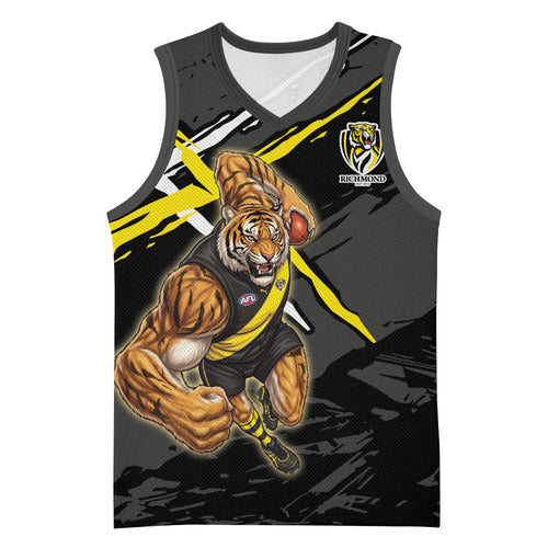 Richmond Football Club Basketball Jersey Tigers Muscular Mascot Graphic - Abstract Paint Splatter Art