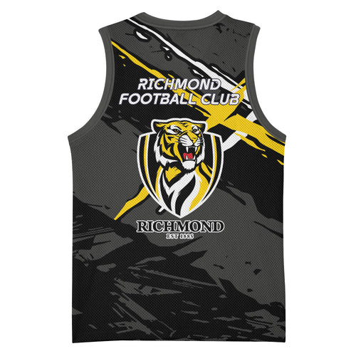 Richmond Football Club Basketball Jersey Tigers Muscular Mascot Graphic - Abstract Paint Splatter Art