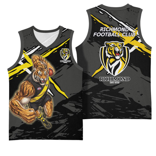 Richmond Football Club Basketball Jersey Tigers Muscular Mascot Graphic - Abstract Paint Splatter Art