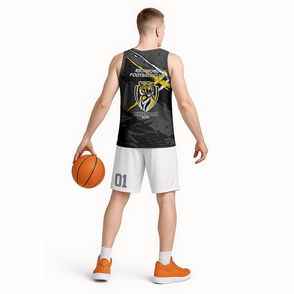 Richmond Football Club Basketball Jersey Tigers Muscular Mascot Graphic - Abstract Paint Splatter Art