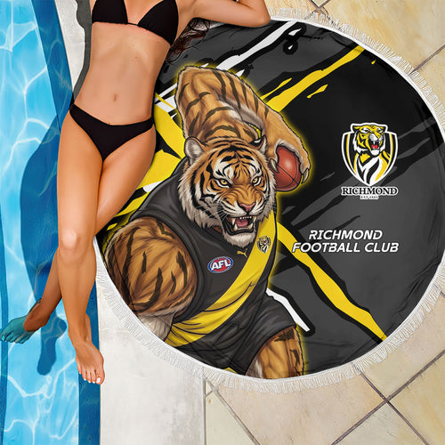 Richmond Football Club Beach Blanket Tigers Muscular Mascot Graphic - Abstract Paint Splatter Art