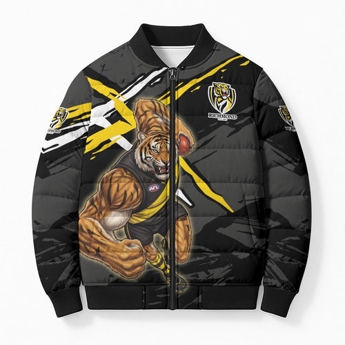 Richmond Football Club Bomber Puffer Jacket Tigers Muscular Mascot Graphic - Abstract Paint Splatter Art