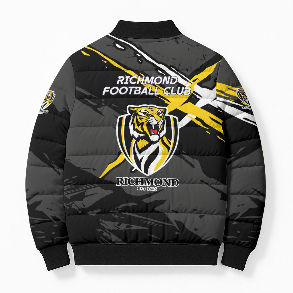 Richmond Football Club Bomber Puffer Jacket Tigers Muscular Mascot Graphic - Abstract Paint Splatter Art