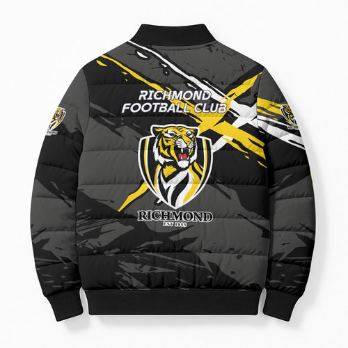 Richmond Football Club Bomber Puffer Jacket Tigers Muscular Mascot Graphic - Abstract Paint Splatter Art