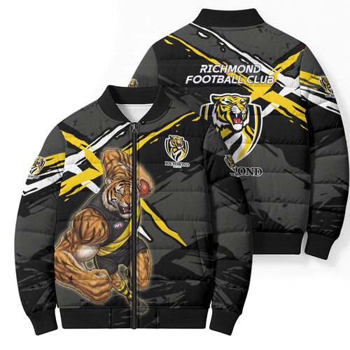 Richmond Football Club Bomber Puffer Jacket Tigers Muscular Mascot Graphic - Abstract Paint Splatter Art