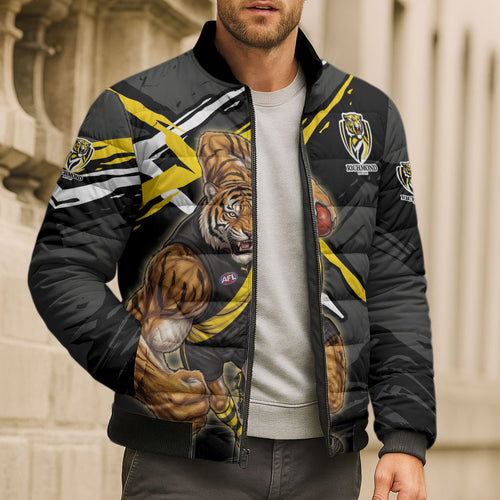 Richmond Football Club Bomber Puffer Jacket Tigers Muscular Mascot Graphic - Abstract Paint Splatter Art