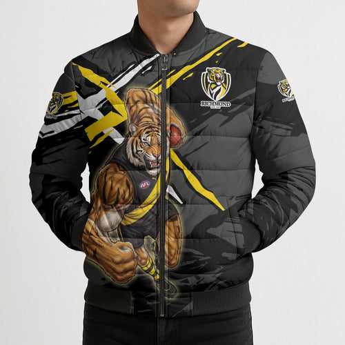 Richmond Football Club Bomber Puffer Jacket Tigers Muscular Mascot Graphic - Abstract Paint Splatter Art