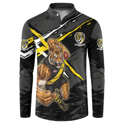 Richmond Football Club Button Sweatshirt Tigers Muscular Mascot Graphic - Abstract Paint Splatter Art