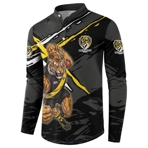 Richmond Football Club Button Sweatshirt Tigers Muscular Mascot Graphic - Abstract Paint Splatter Art