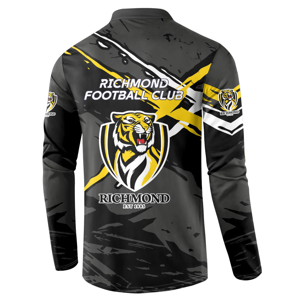 Richmond Football Club Button Sweatshirt Tigers Muscular Mascot Graphic - Abstract Paint Splatter Art
