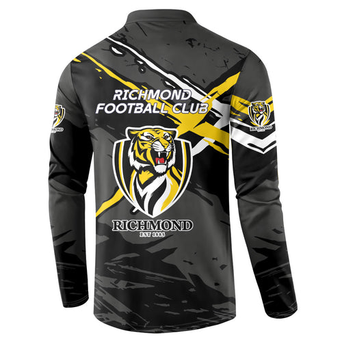Richmond Football Club Button Sweatshirt Tigers Muscular Mascot Graphic - Abstract Paint Splatter Art