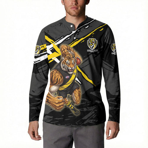Richmond Football Club Button Sweatshirt Tigers Muscular Mascot Graphic - Abstract Paint Splatter Art