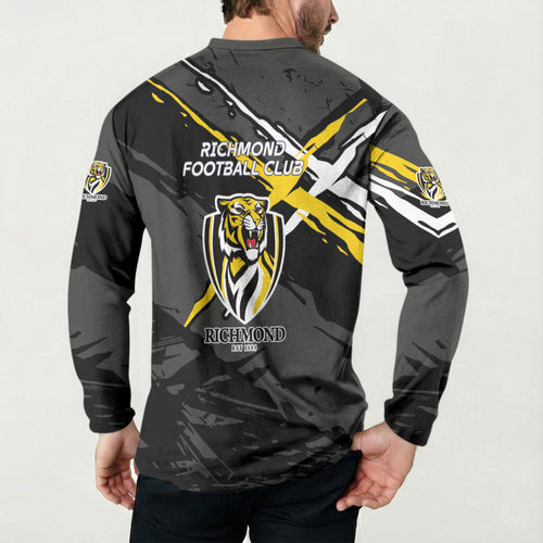 Richmond Football Club Button Sweatshirt Tigers Muscular Mascot Graphic - Abstract Paint Splatter Art