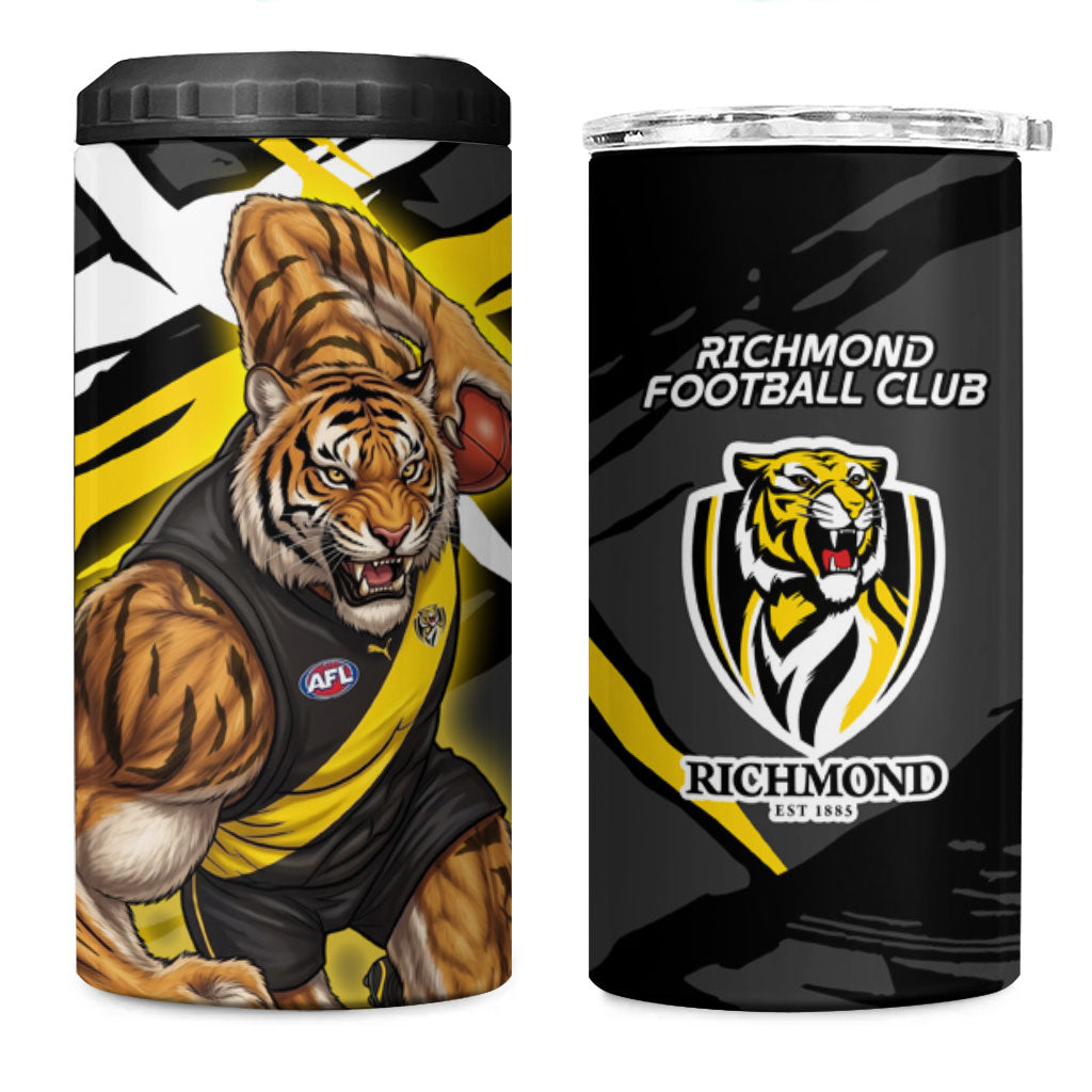 Richmond Football Club 4 in 1 Can Cooler Tumbler Tigers Muscular Mascot Graphic - Abstract Paint Splatter Art