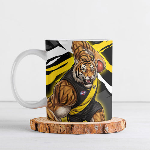 Richmond Football Club Ceramic Mug Tigers Muscular Mascot Graphic - Abstract Paint Splatter Art