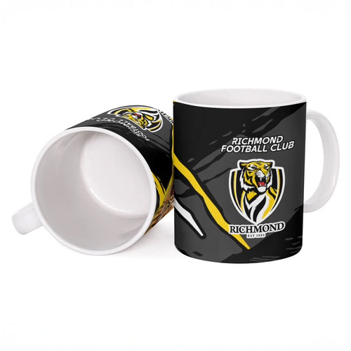 Richmond Football Club Ceramic Mug Tigers Muscular Mascot Graphic - Abstract Paint Splatter Art