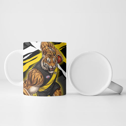 Richmond Football Club Ceramic Mug Tigers Muscular Mascot Graphic - Abstract Paint Splatter Art