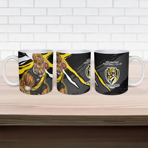 Richmond Football Club Ceramic Mug Tigers Muscular Mascot Graphic - Abstract Paint Splatter Art