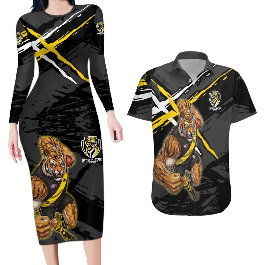 Richmond Football Club Couples Matching Long Sleeve Bodycon Dress and Hawaiian Shirt Tigers Muscular Mascot Graphic - Abstract Paint Splatter Art