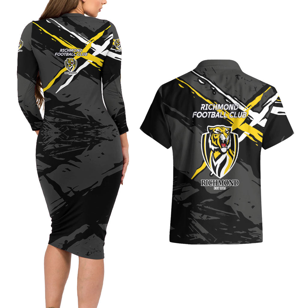 Richmond Football Club Couples Matching Long Sleeve Bodycon Dress and Hawaiian Shirt Tigers Muscular Mascot Graphic - Abstract Paint Splatter Art