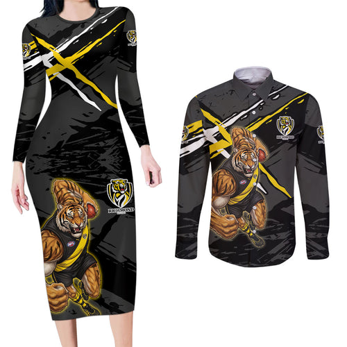 Richmond Football Club Couples Matching Long Sleeve Bodycon Dress and Long Sleeve Button Shirt Tigers Muscular Mascot Graphic - Abstract Paint Splatter Art