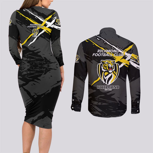 Richmond Football Club Couples Matching Long Sleeve Bodycon Dress and Long Sleeve Button Shirt Tigers Muscular Mascot Graphic - Abstract Paint Splatter Art