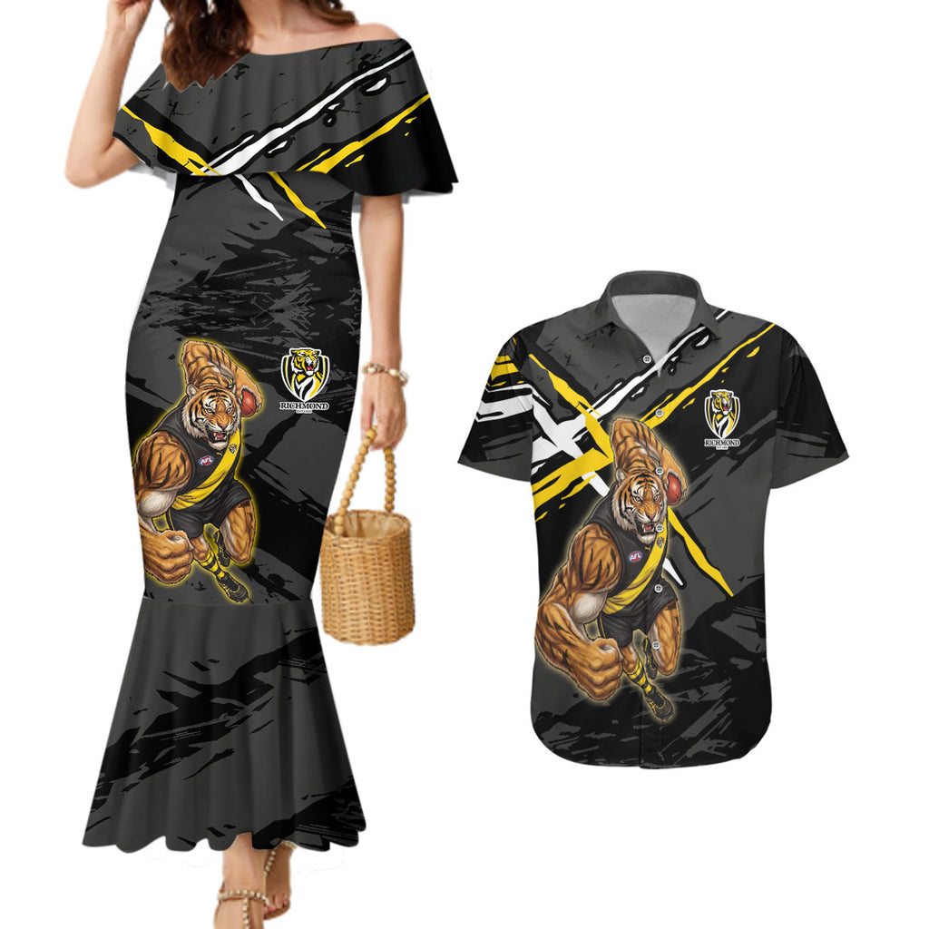Richmond Football Club Couples Matching Mermaid Dress and Hawaiian Shirt Tigers Muscular Mascot Graphic - Abstract Paint Splatter Art