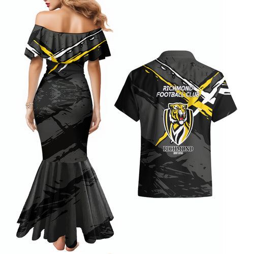 Richmond Football Club Couples Matching Mermaid Dress and Hawaiian Shirt Tigers Muscular Mascot Graphic - Abstract Paint Splatter Art