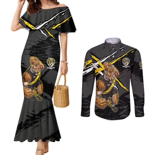Richmond Football Club Couples Matching Mermaid Dress and Long Sleeve Button Shirt Tigers Muscular Mascot Graphic - Abstract Paint Splatter Art