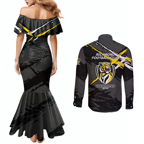 Richmond Football Club Couples Matching Mermaid Dress and Long Sleeve Button Shirt Tigers Muscular Mascot Graphic - Abstract Paint Splatter Art