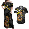Richmond Football Club Couples Matching Off Shoulder Maxi Dress and Hawaiian Shirt Tigers Muscular Mascot Graphic - Abstract Paint Splatter Art