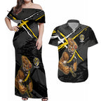 Richmond Football Club Couples Matching Off Shoulder Maxi Dress and Hawaiian Shirt Tigers Muscular Mascot Graphic - Abstract Paint Splatter Art