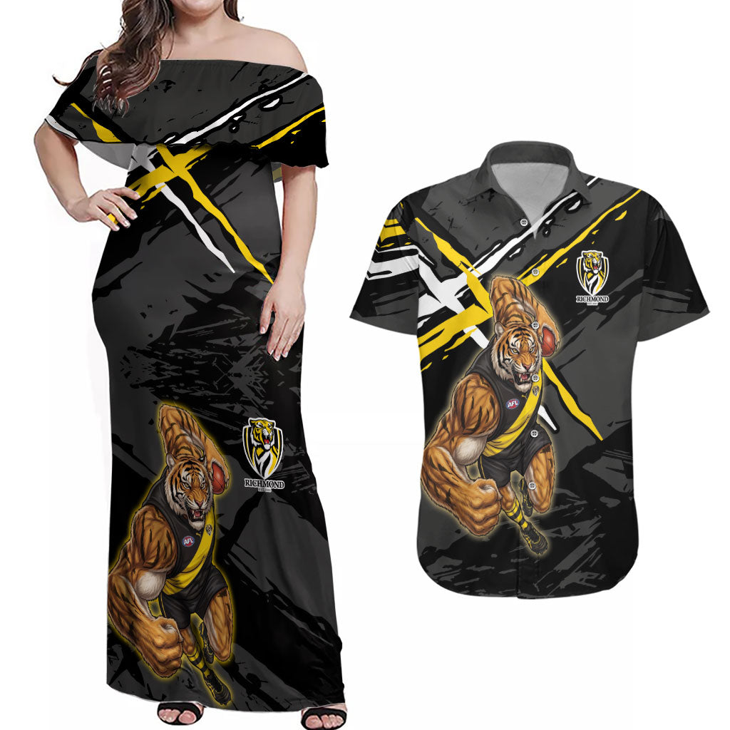 Richmond Football Club Couples Matching Off Shoulder Maxi Dress and Hawaiian Shirt Tigers Muscular Mascot Graphic - Abstract Paint Splatter Art