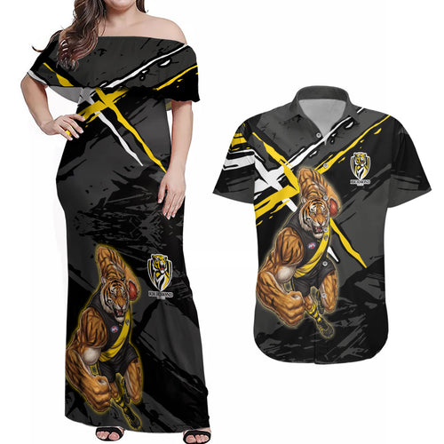 Richmond Football Club Couples Matching Off Shoulder Maxi Dress and Hawaiian Shirt Tigers Muscular Mascot Graphic - Abstract Paint Splatter Art