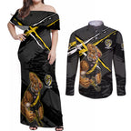 Richmond Football Club Couples Matching Off Shoulder Maxi Dress and Long Sleeve Button Shirt Tigers Muscular Mascot Graphic - Abstract Paint Splatter Art