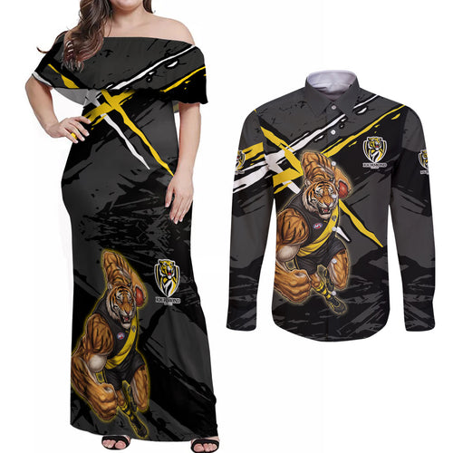 Richmond Football Club Couples Matching Off Shoulder Maxi Dress and Long Sleeve Button Shirt Tigers Muscular Mascot Graphic - Abstract Paint Splatter Art