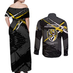 Richmond Football Club Couples Matching Off Shoulder Maxi Dress and Long Sleeve Button Shirt Tigers Muscular Mascot Graphic - Abstract Paint Splatter Art