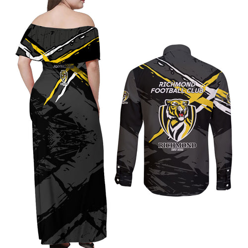 Richmond Football Club Couples Matching Off Shoulder Maxi Dress and Long Sleeve Button Shirt Tigers Muscular Mascot Graphic - Abstract Paint Splatter Art