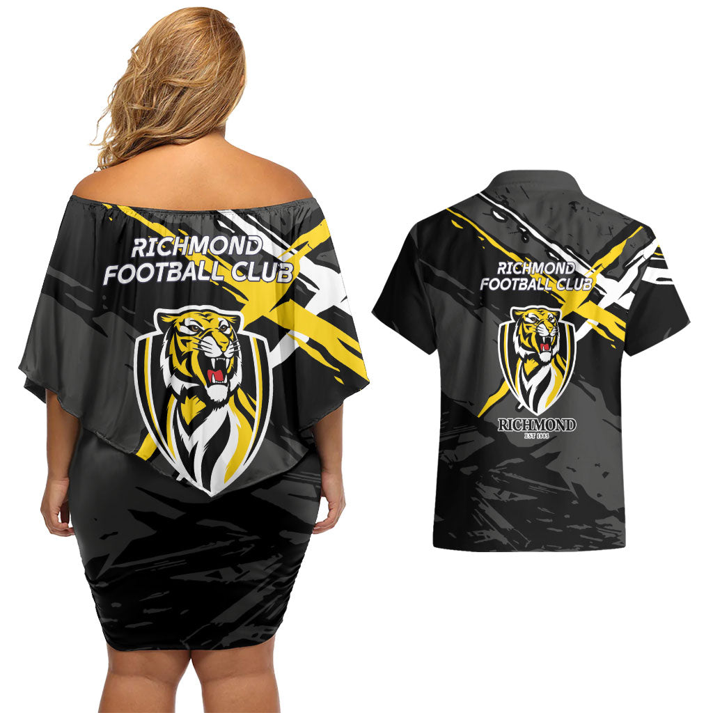 Richmond Football Club Couples Matching Off Shoulder Short Dress and Hawaiian Shirt Tigers Muscular Mascot Graphic - Abstract Paint Splatter Art