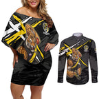 Richmond Football Club Couples Matching Off Shoulder Short Dress and Long Sleeve Button Shirt Tigers Muscular Mascot Graphic - Abstract Paint Splatter Art