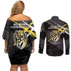 Richmond Football Club Couples Matching Off Shoulder Short Dress and Long Sleeve Button Shirt Tigers Muscular Mascot Graphic - Abstract Paint Splatter Art