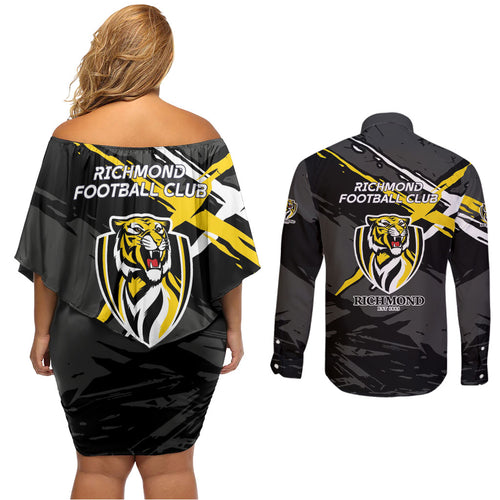 Richmond Football Club Couples Matching Off Shoulder Short Dress and Long Sleeve Button Shirt Tigers Muscular Mascot Graphic - Abstract Paint Splatter Art